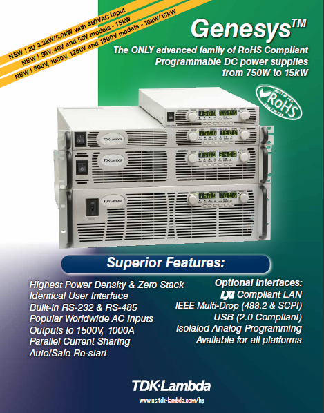 TDK-Lambda Genesysâ¢ Family of Programmable DC Power Supplies output from (6V)@100A to (1500V)@10A