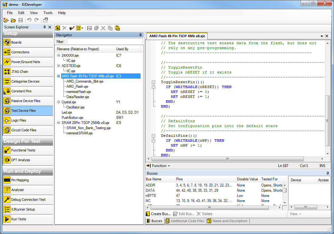 XJDeveloper screenshot, showing the high-level language used to create a connectivity test for a memory device